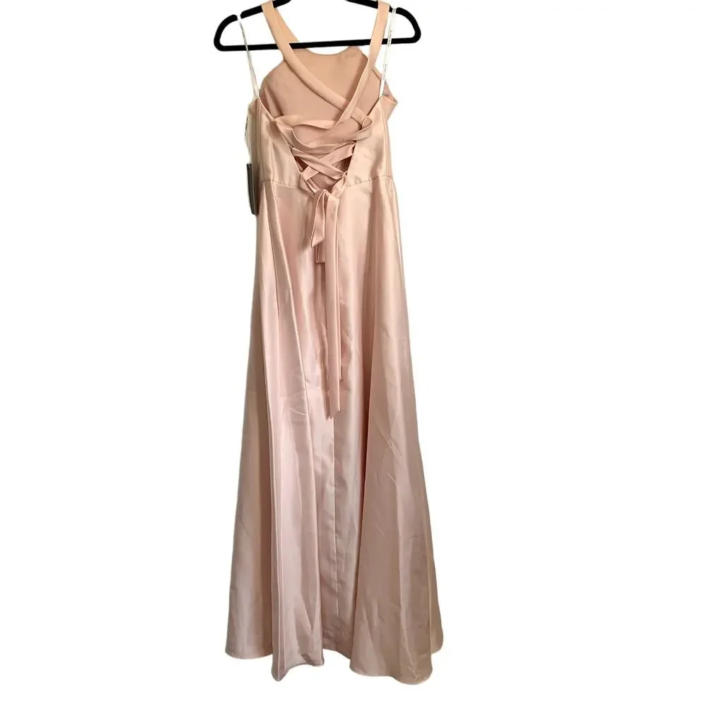 NWT Alfred Sung Lace-Up Back Satin Bridesmaid Gown in Blush Pink D763 - Picture 3 of 9